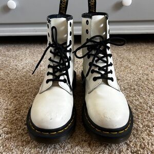 Doc Martin-White Lace-Up Combat Boots with Black Trim